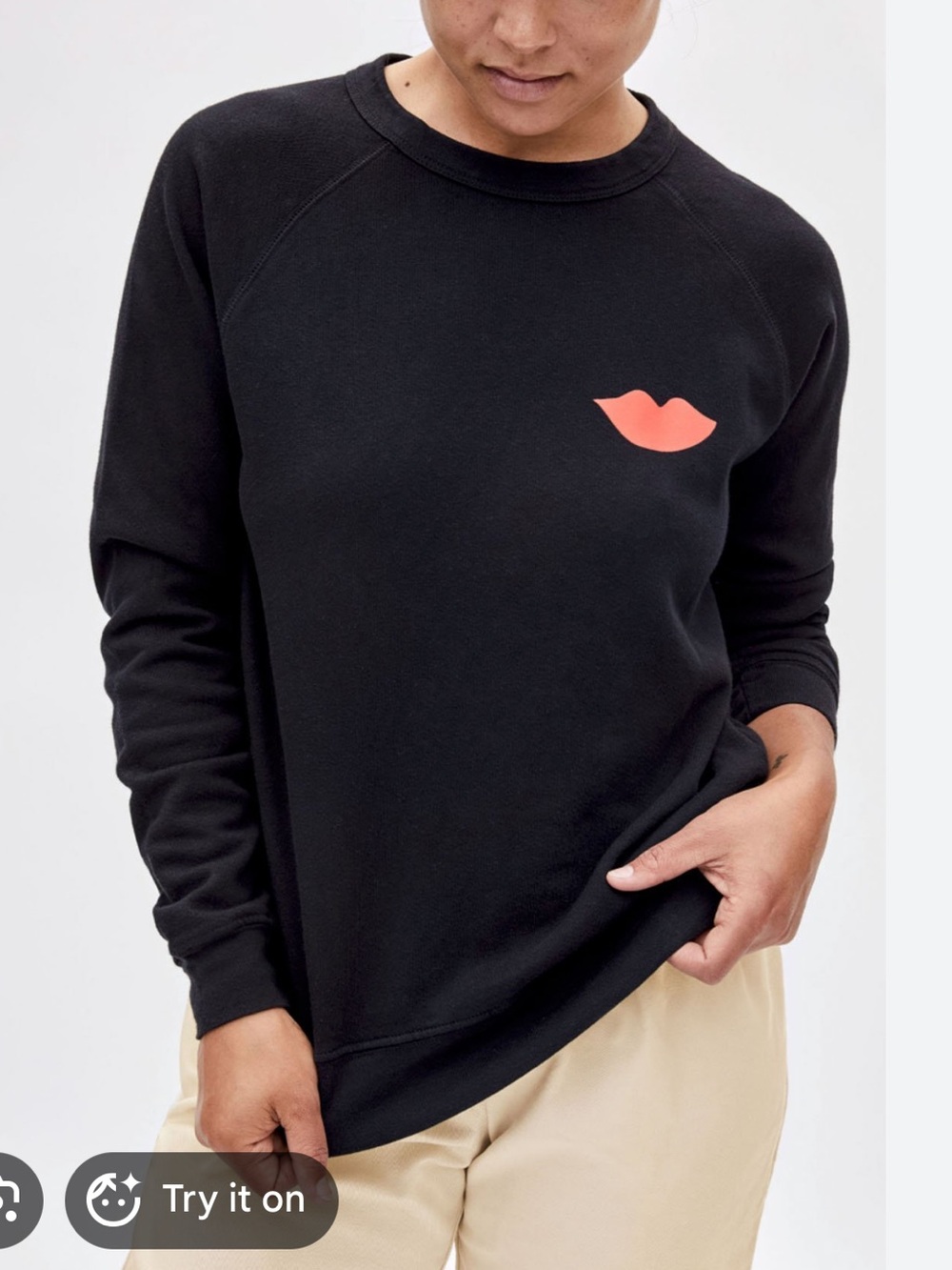 Clare V black sweatshirt small red lips